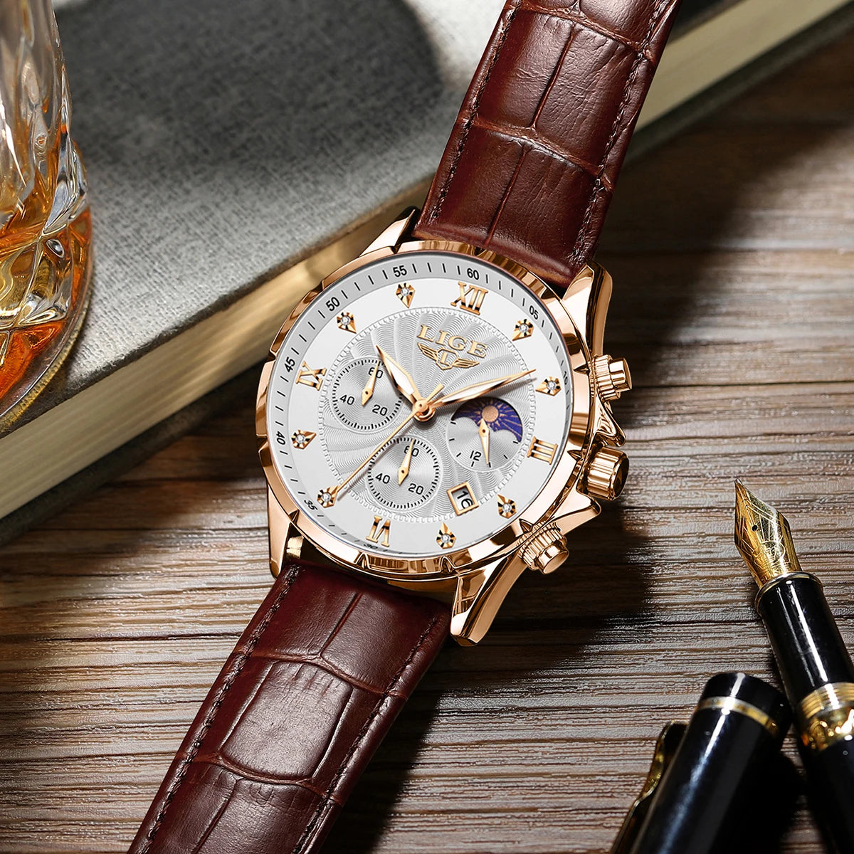 LIGE Men's Watch Luxury Business Luminous Waterproof Leather Watches Moon Phase Week Date Casual Quartz Watch Men Reloj hombre
