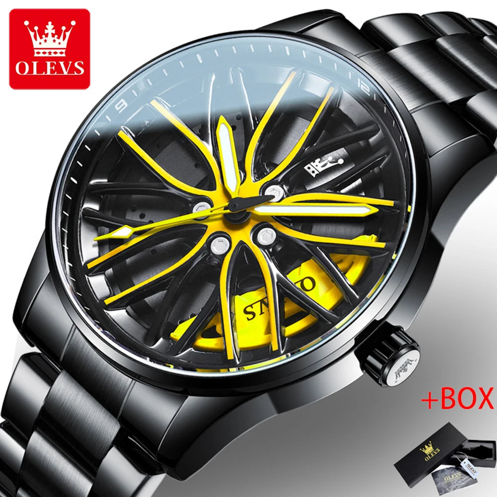 OLEVS Men Quartz Watch Car Wheel Rim Hub Dial Male Wristwatch Cool Man Black Red Waterproof Watches Full Steel Relogio Masculino