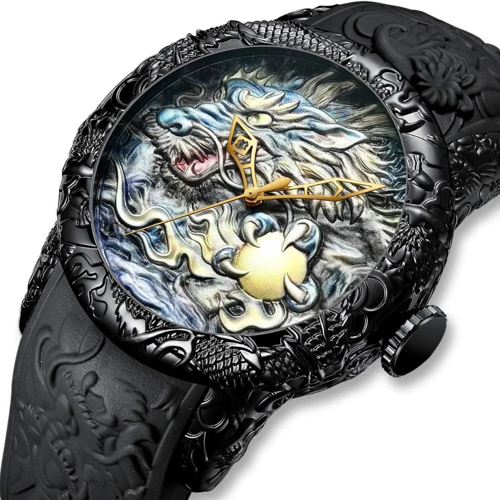 Mens Fashion Big Dial 3D Sculpture Dragon Watches Men Quartz Watches Luxury Exquisite Creative Wristwatch Male Clock Gifts