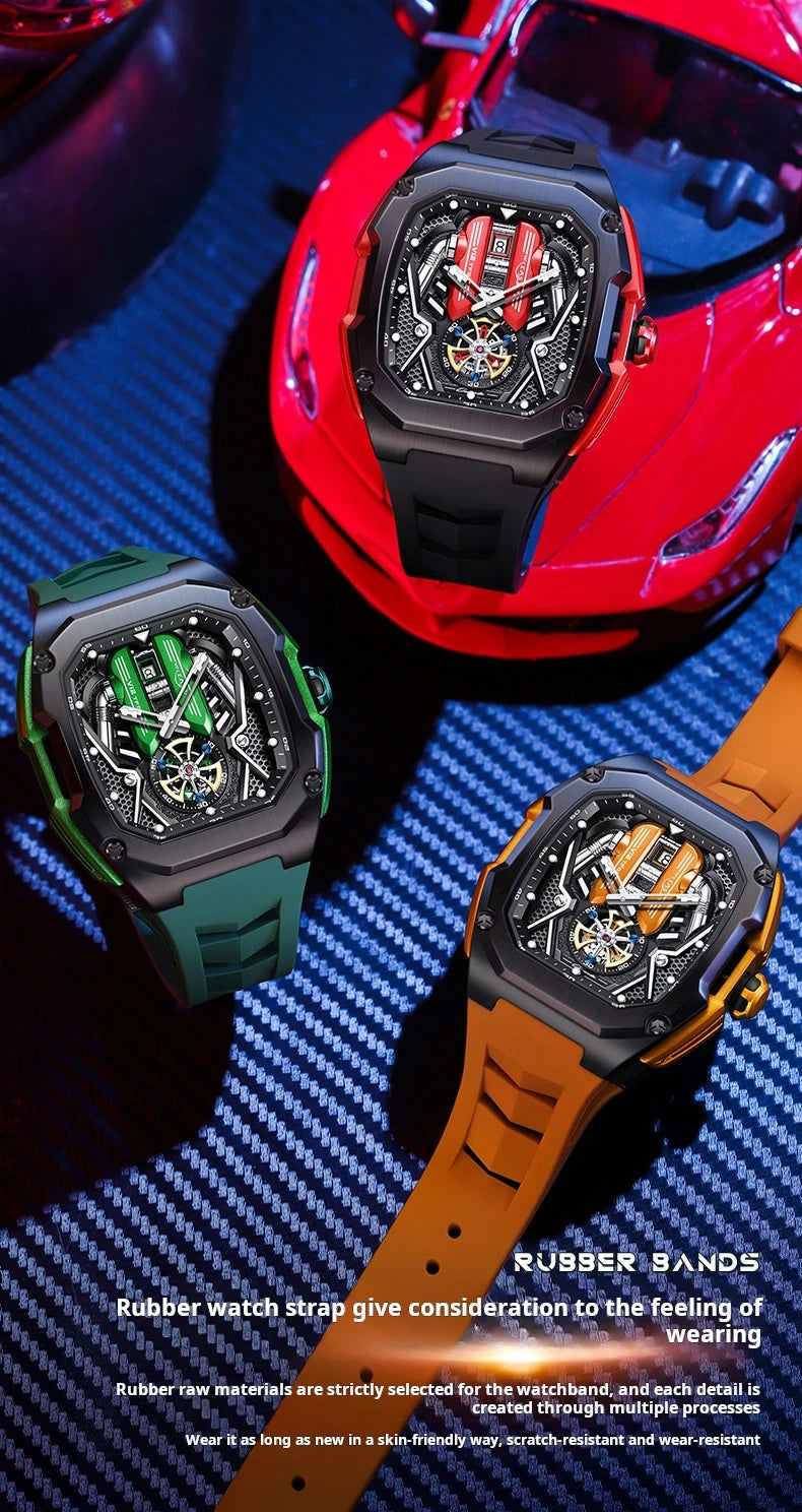 Engine Surface Design Quartz Watch for Men Original Top Brand Rubber strap Waterproof Luminous Date Men's Quartz Watch reloj
