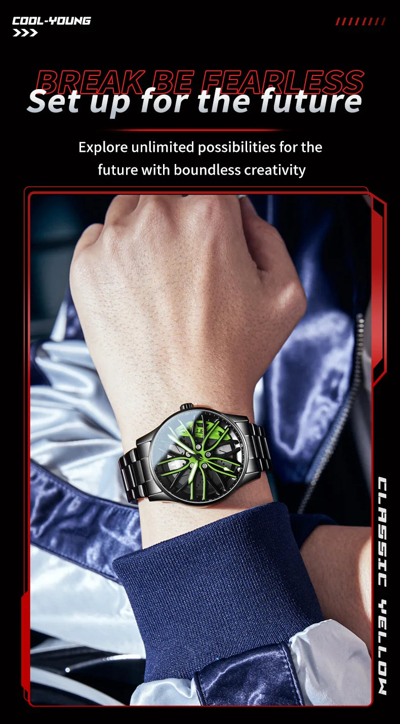 OLEVS Men Quartz Watch Car Wheel Rim Hub Dial Male Wristwatch Cool Man Black Red Waterproof Watches Full Steel Relogio Masculino