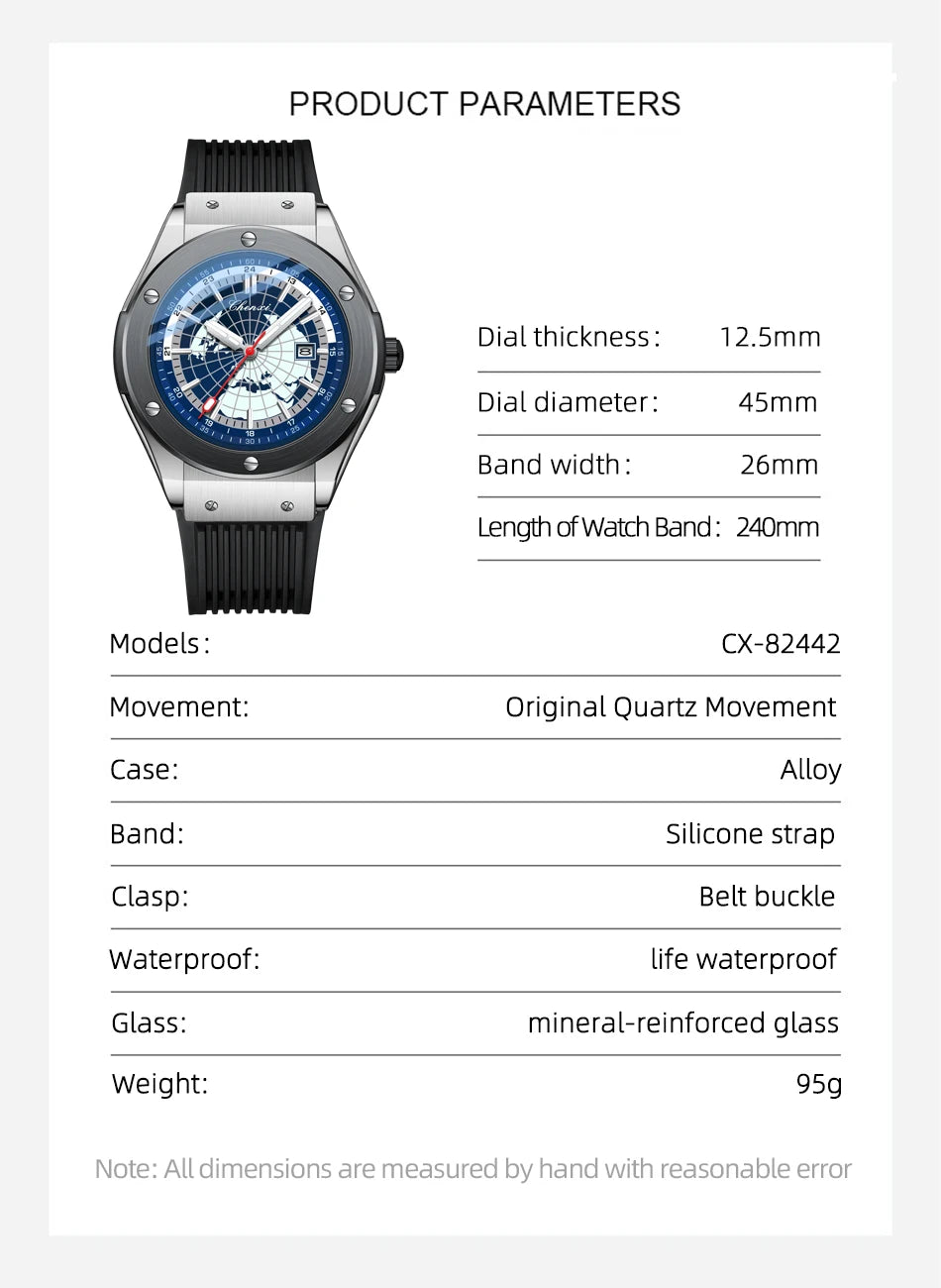 CHENXI 82442 Quartz Watch Men Casual Luxury Sport Watches Brand World Map Military Waterproof Wrist Watch for Male Clock Gift