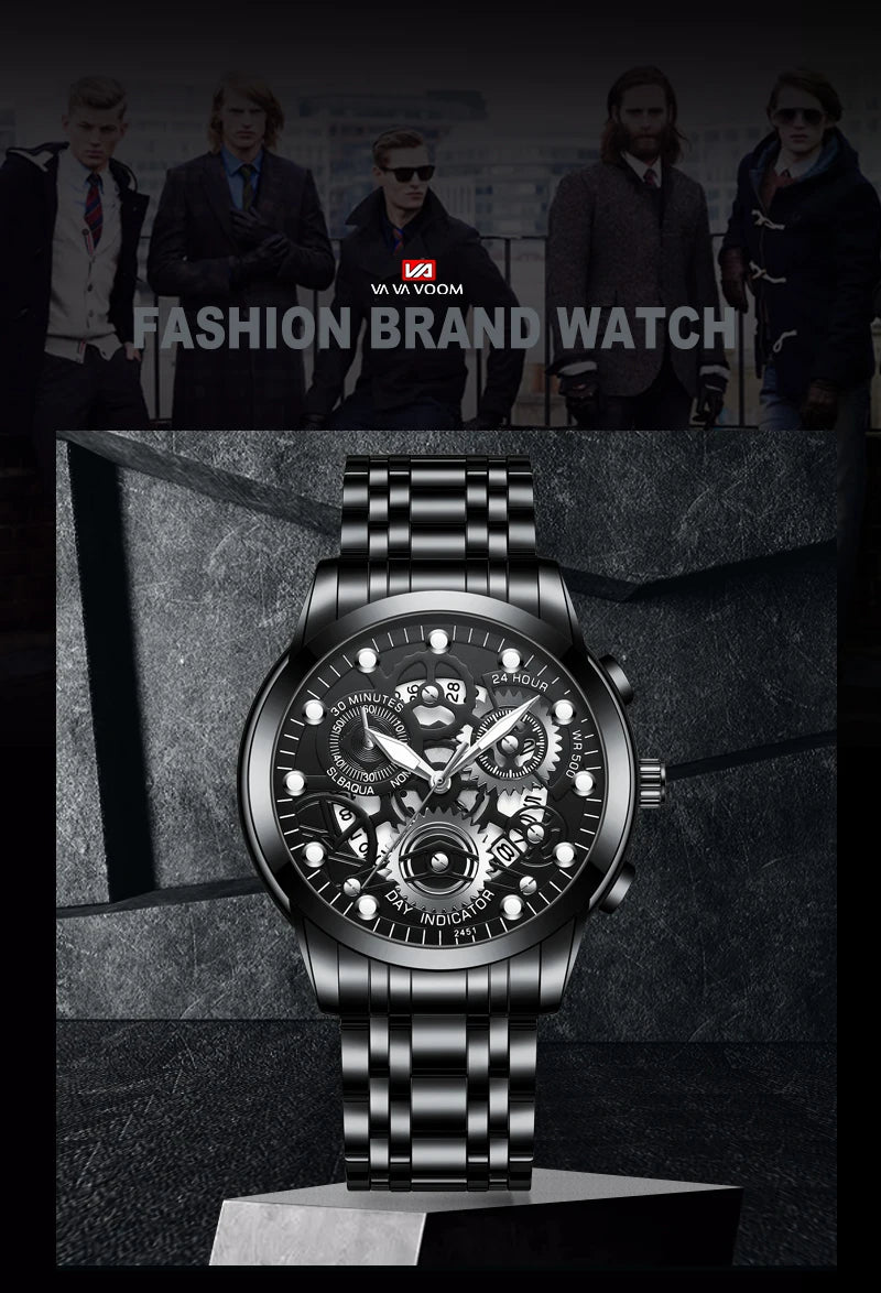 Men's Business Watch Skeleton Design Fashion Mechanical Style Stainless Steel Quartz Movement Calendar Waterproof Men WristWatch