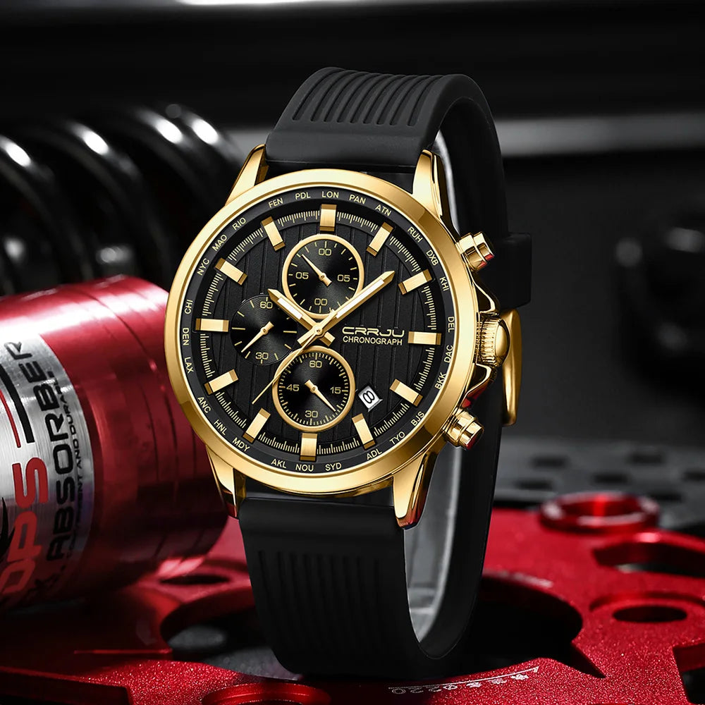 CRRJU Men Watch Silicone Strap Top Brand Luxury Sports Quartz Waterproof Luminous Auto Date Wristwatch Relogio Masculino