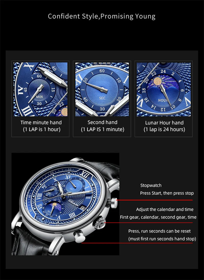 CHENXI 976 Men's Watch Leather Chronograph Date Quartz Watches Phase Moon Timing Business Luminous Wrist Watch Relojes para