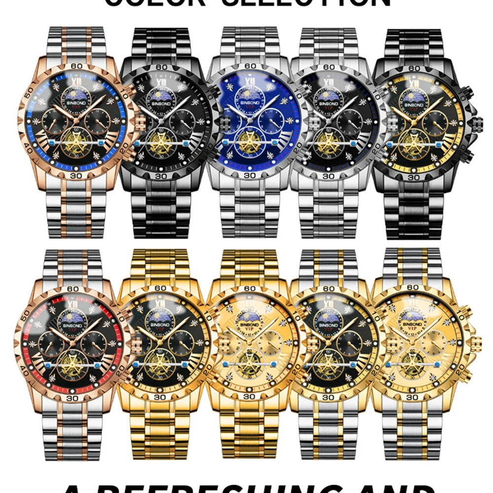 BINBOND Men's Watches Young Fashion Original Quartz Watch for Man Waterproof Luminous Flywheel Chronograph Moon Phase Casual
