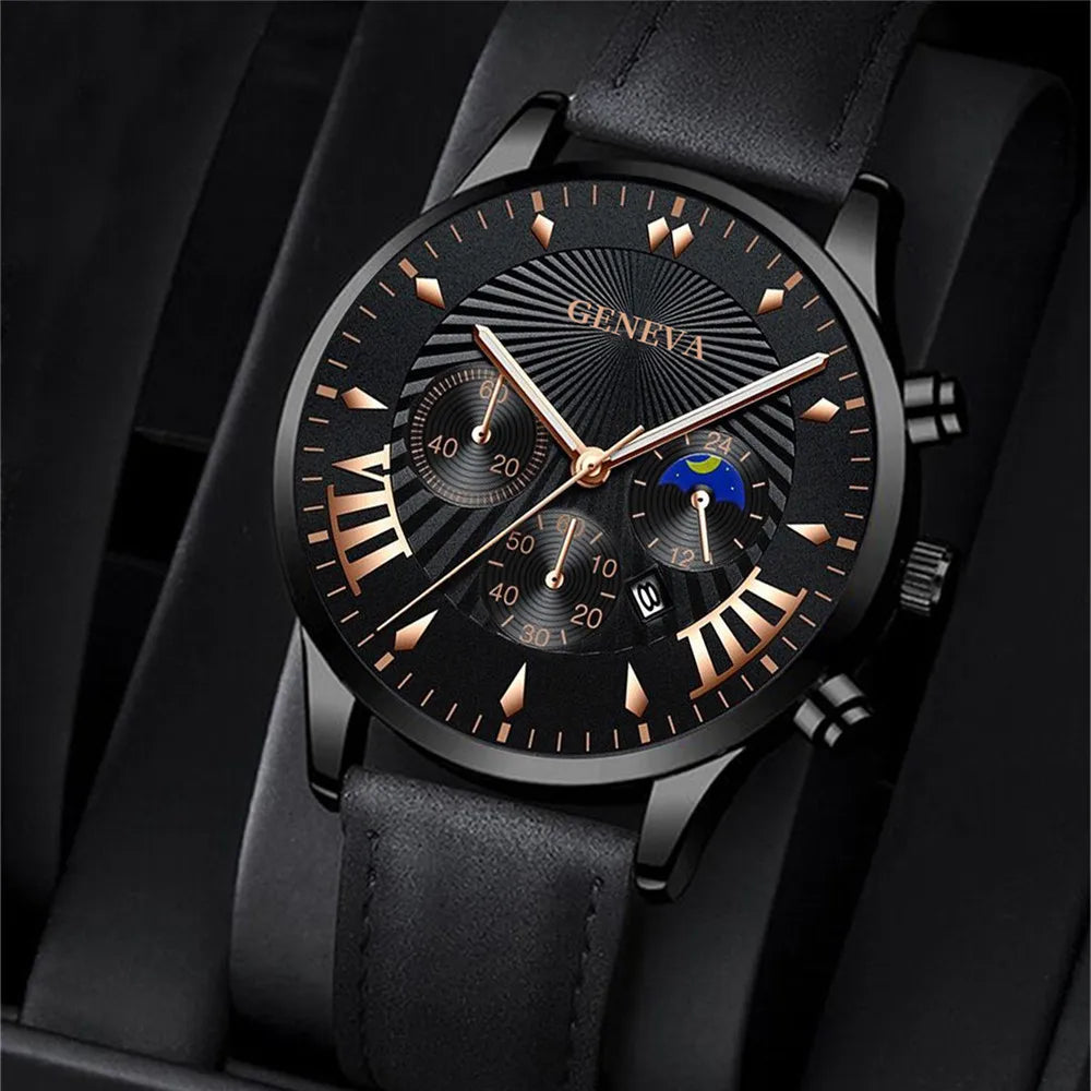2PCS Set Fashion Mens Sports Watches Man Business Leather Bracelet Quartz Watch Luxury Men Casual Calendar Clock Reloj Hombre