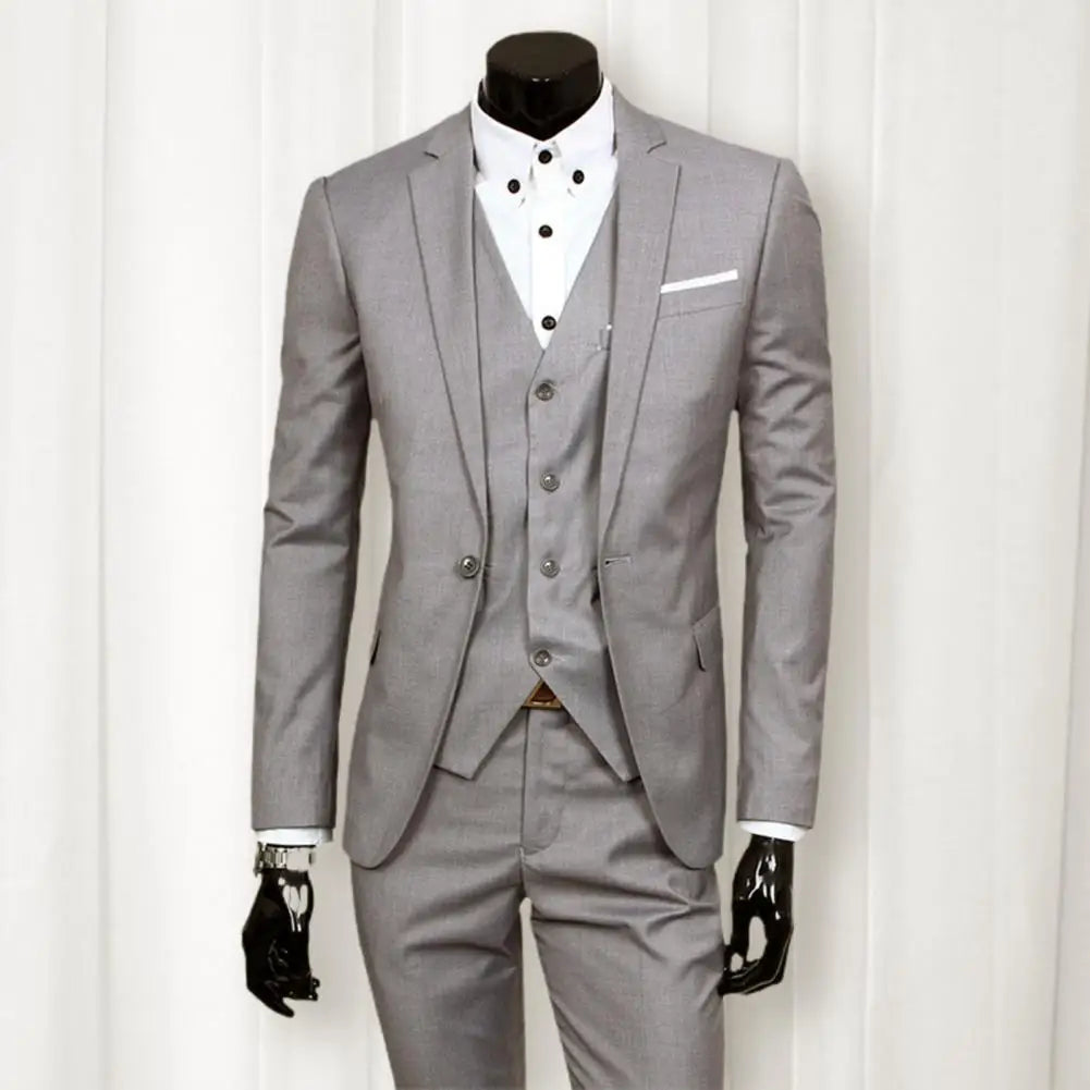 Fabulous Men Suit Set Cardigan 3 Piece Set Soft Fabric Split Wedding Suit Set Business Suit Slim Fit