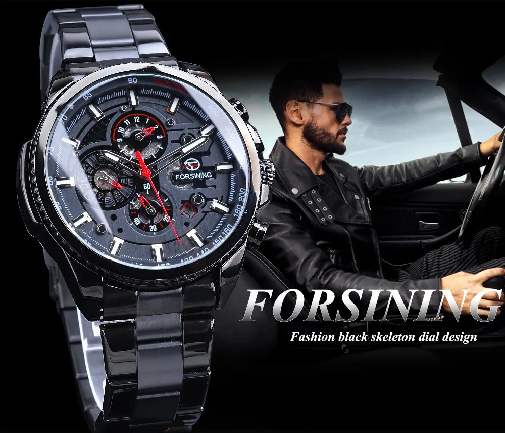 Forsining Top Men's Watches Military Stainless Steel Waterproof Date Week Display Brand Automatic Mechanical Watch for Men