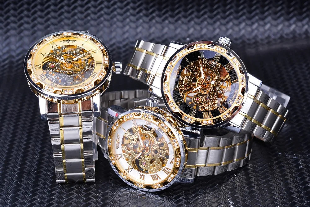Fashion Winner Hot Top Brand Luxury Men Transparent Diamond Luminou Smovement Male Mechanical Skeleton Royal Design Wrist Watch