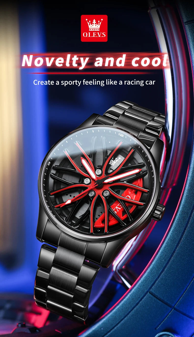 OLEVS Men Quartz Watch Car Wheel Rim Hub Dial Male Wristwatch Cool Man Black Red Waterproof Watches Full Steel Relogio Masculino