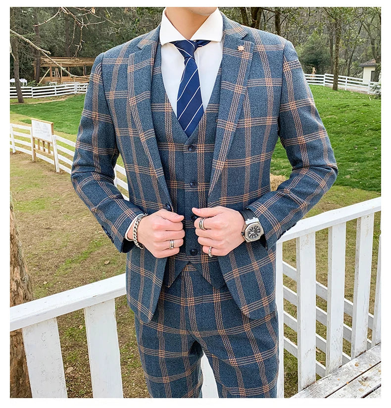 Blazers Pants Set 2 Pieces Set, 2024 Men's Business Casual Men Plaid Suit Jacket and Trousers, Asian Size M-5XL