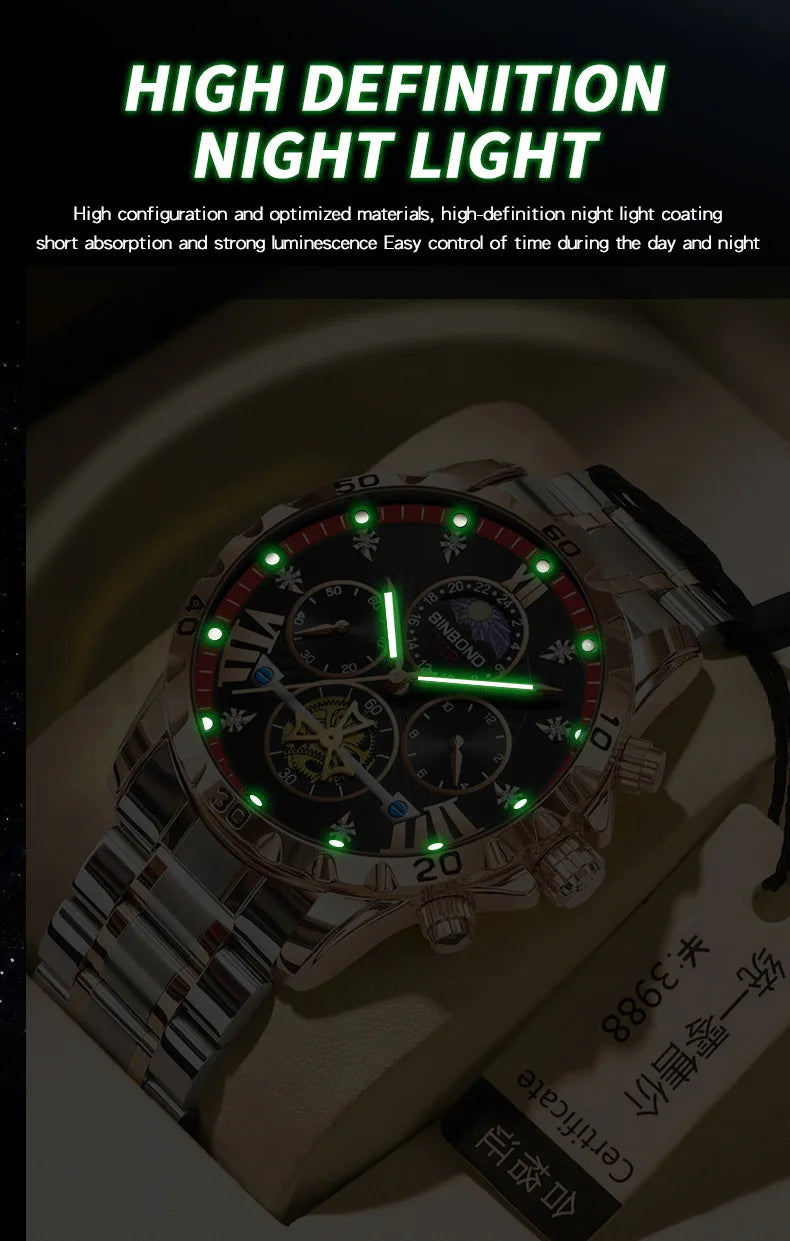 BINBOND Men's Watches Young Fashion Original Quartz Watch for Man Waterproof Luminous Flywheel Chronograph Moon Phase Casual