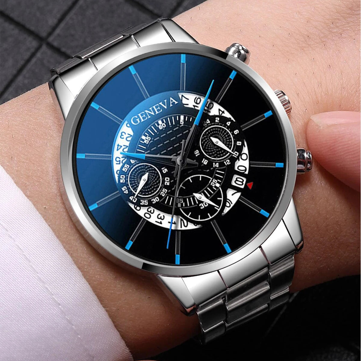 2PCS Men Business Watch Fashion Big Dial Steel Band Calendar Watches Sports Quartz Wristwatch Relogio Masculino(Without Box)