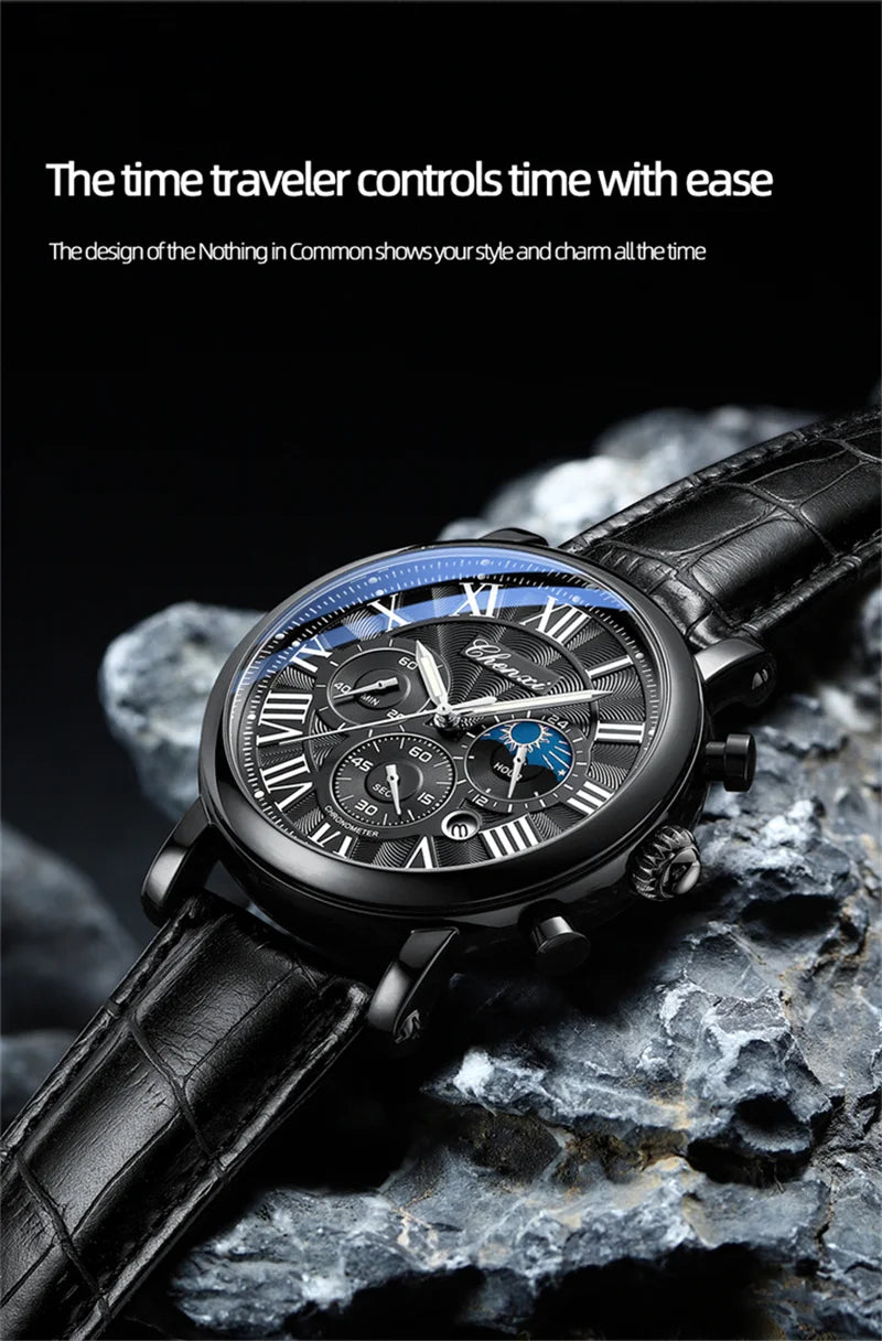CHENXI 973 Men's Wristwatch Multi-functional Business Watch Moon Phase Date Waterproof Rome Dial Leather Quartz Watches for Man