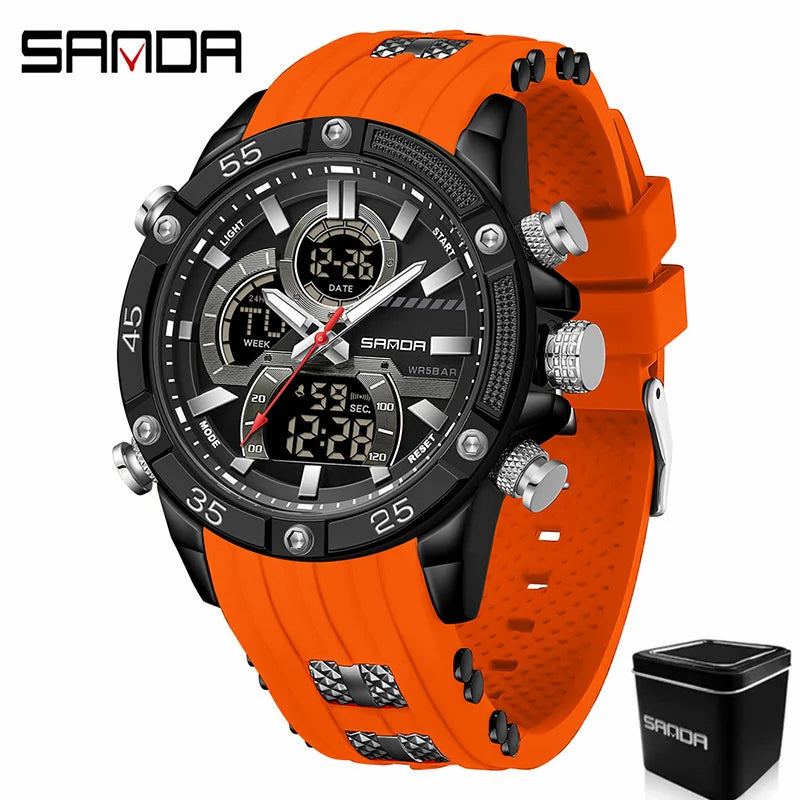 SANDA 6162 Men's Electronic Watch Creative Sports Waterproof Luminous Chronograph Pointer Digital Dual Display Wristwatches