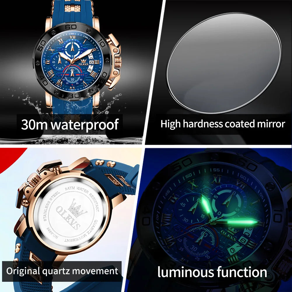 OLEVS 9986 Men Watch Silicone Strap Sports Multi functional Waterproof Luminous Timing Code Watch Luxury Brand Men Quartz Watch