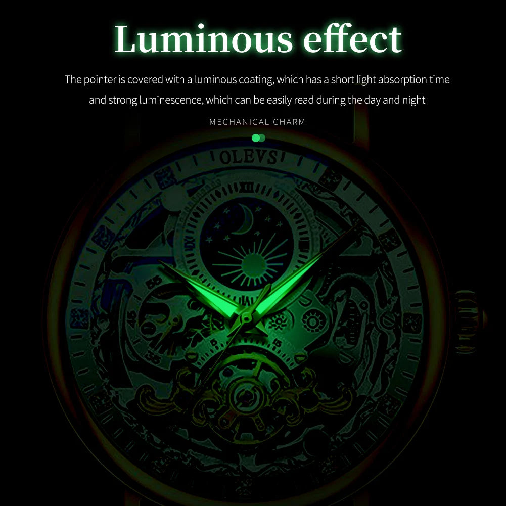 OLEVS Top Brand Luxury Mechanical Watch Men Leather Waterproof Moon Phase Automatic Wristatches Man Clock with Luminous Hands