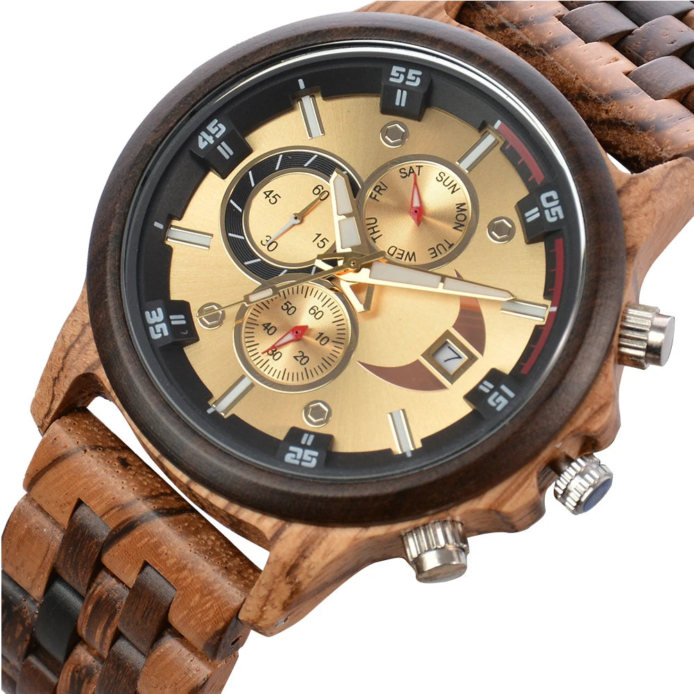Men's Wooden Wrist Watches for Men Chronograph Fashion Wristwatches Business Blue Wood Mens Watches Clock reloj madera hombre