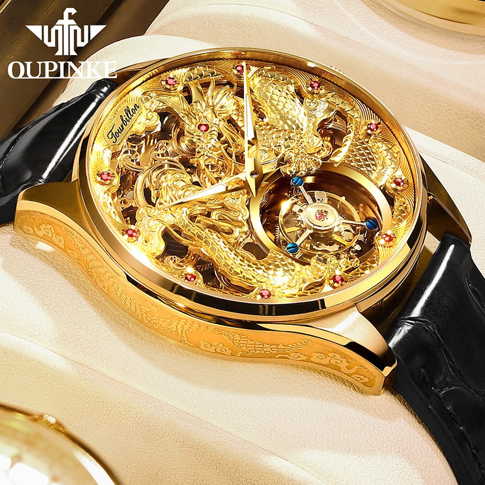 OUPINKE 3176 Luxury High end Fully Automatic Mechanical Tourbillon Watch Full Golden Dragon Dial Watch Sapphire Mirror Men Watch