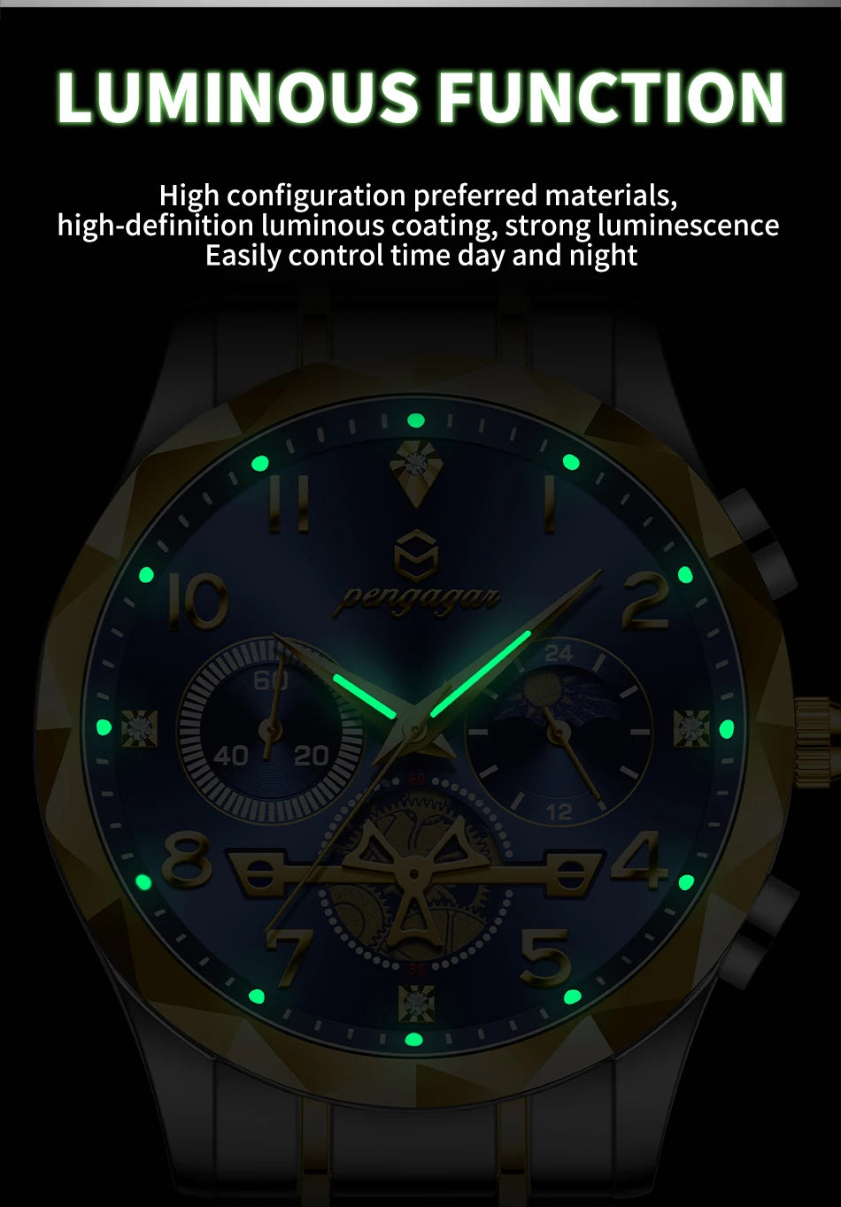 PENGAGAR Luxury Man Wristwatch Chronograph Waterproof Luminous Men Watch Stainless Steel High Quality Sport Men's Quartz Watches