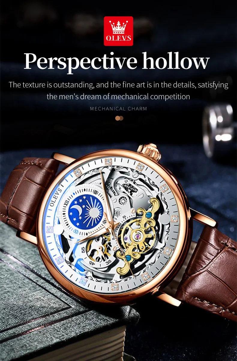 OLEVS Top Brand Luxury Mechanical Watch Men Leather Waterproof Moon Phase Automatic Wristatches Man Clock with Luminous Hands