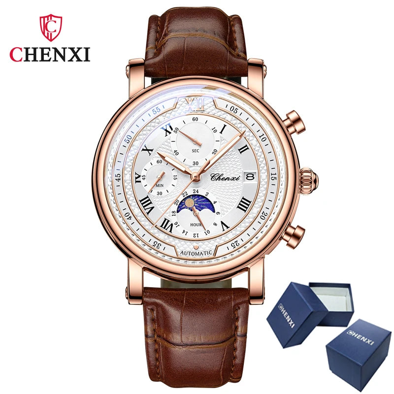 CHENXI 976 Men's Watch Leather Chronograph Date Quartz Watches Phase Moon Timing Business Luminous Wrist Watch Relojes para