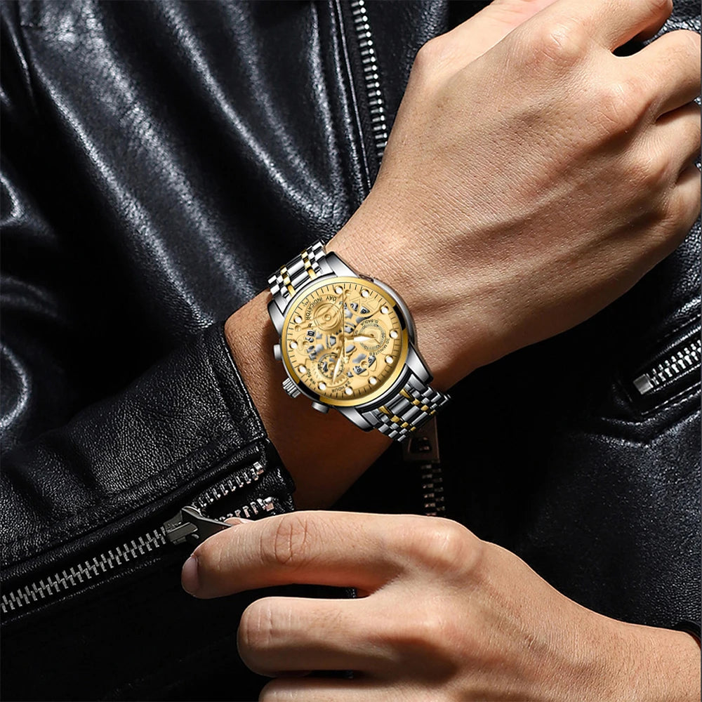 Men's Business Watch Skeleton Design Fashion Mechanical Style Stainless Steel Quartz Movement Calendar Waterproof Men WristWatch