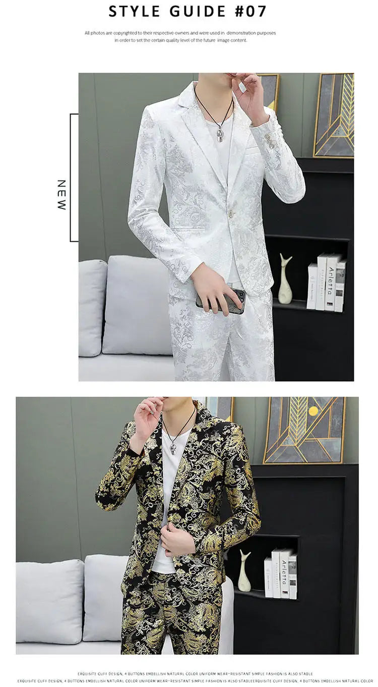 Men's Suit Set Shiny Gold and Silver 2-piece Set Korean Fashion Host Wedding Set Suit Jacket+pants Men's Hot Stamping Clothing
