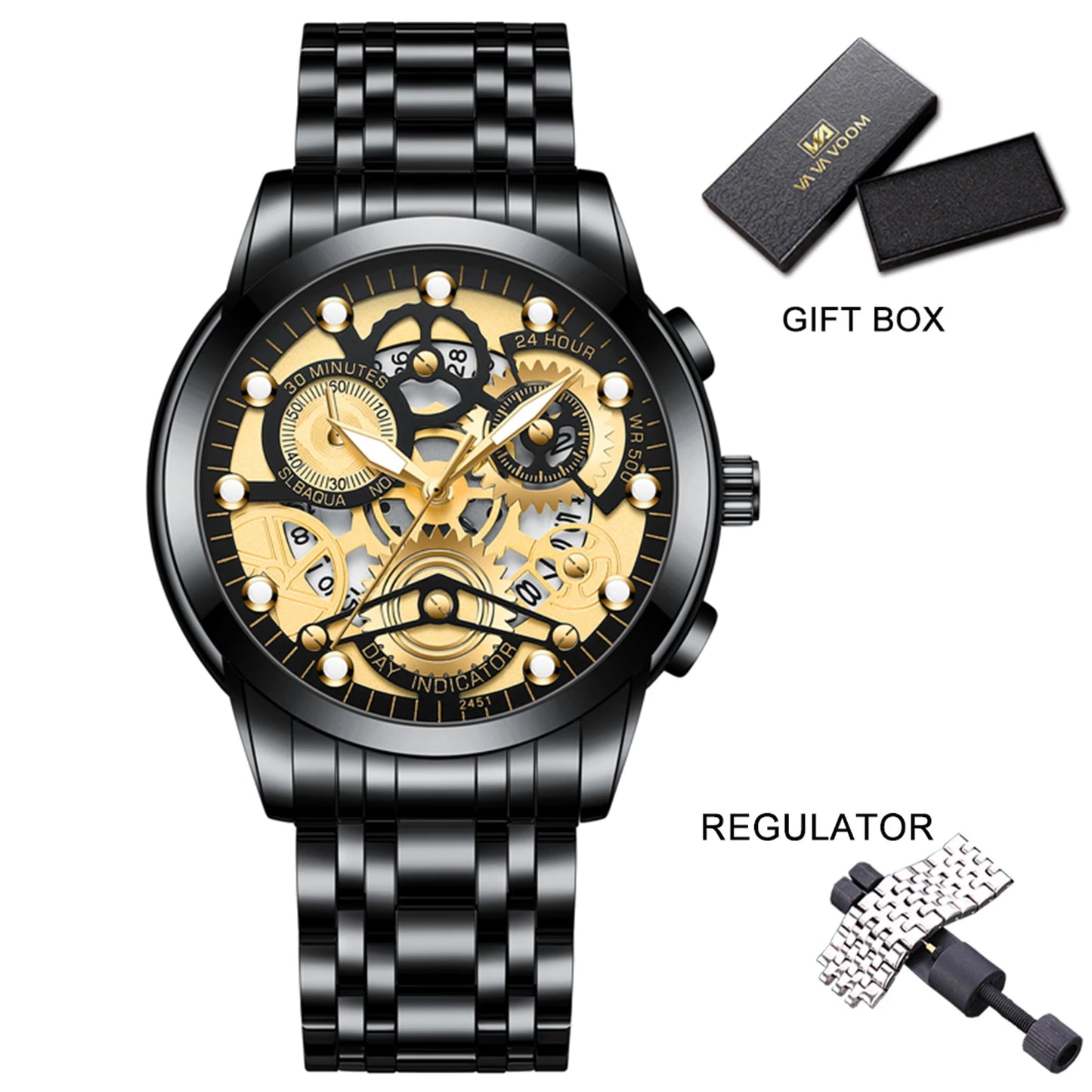 Men's Business Watch Skeleton Design Fashion Mechanical Style Stainless Steel Quartz Movement Calendar Waterproof Men WristWatch