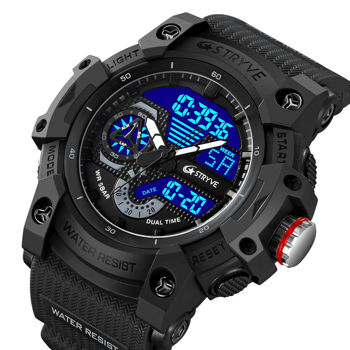 STRYVE Electronic Fashion Men's Sport Watches Shock Resistant 50M Waterproof Wristwatch LED Alarm Stopwatch Clock Men 8029