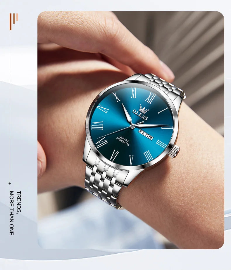 OLEVS 3633 Men's Watch Business Simply Original Quartz Watch for Man Waterproof Luminous Stainless Steel Dual Calendar Display