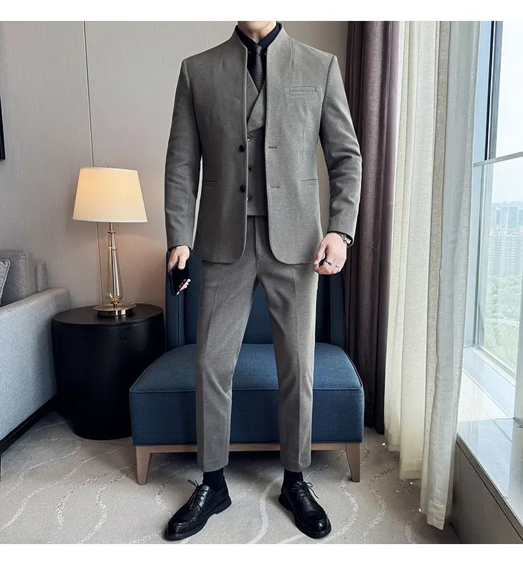 Korean Style Men's Suit Set Slim Fit Business Suit Wool Blazer Three Piece Set Elegant Social Formal Men's Clothing 5XL-M