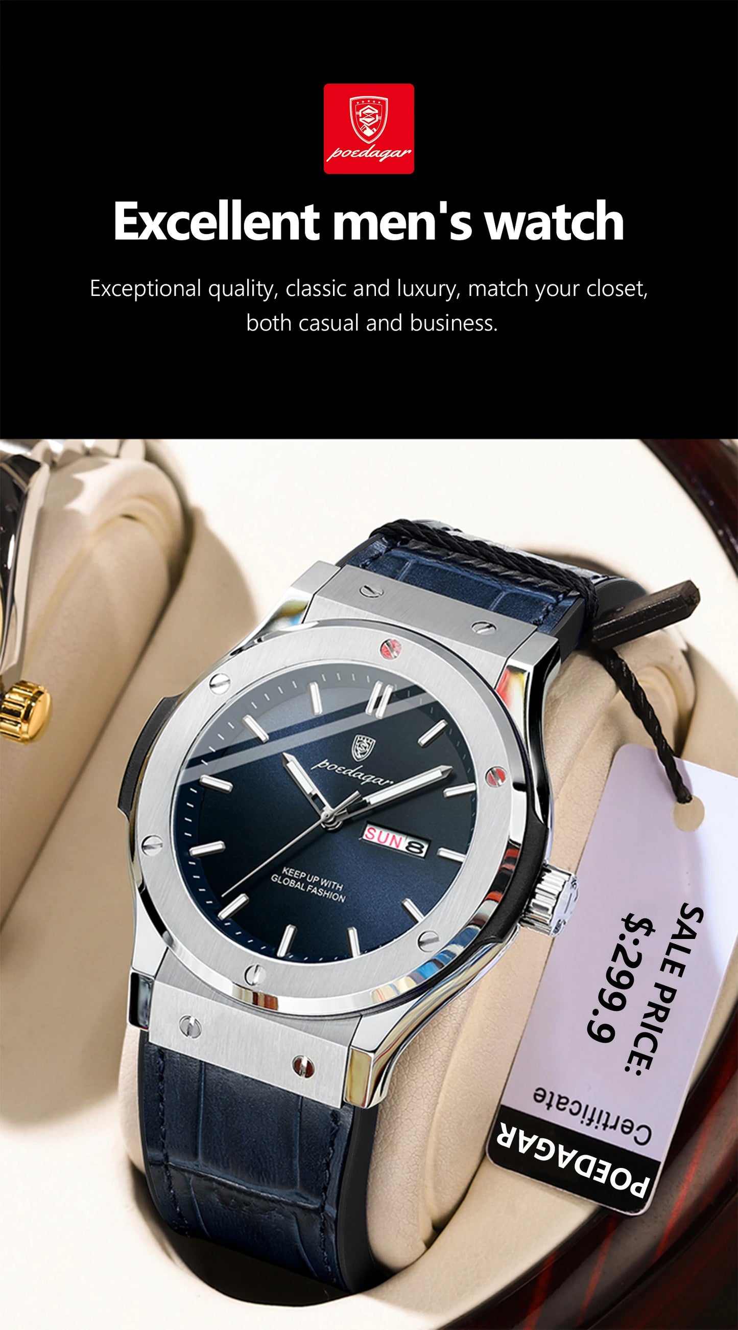 POEDAGAR Men's Watches Trend Fashion Original Quartz Watch for Man Waterproof Leather Strap Luminous Date Week Wristwatch Reloj