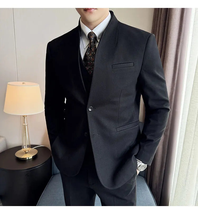 Korean Style Men's Suit Set Slim Fit Business Suit Wool Blazer Three Piece Set Elegant Social Formal Men's Clothing 5XL-M