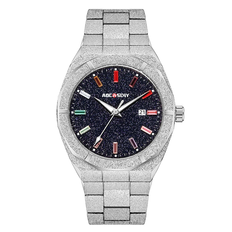 Matte Star Dust Dial Full silver Stainless Steel Strap High Quality Date Clock Frosted Diamond Quartz Watch for Men 2024