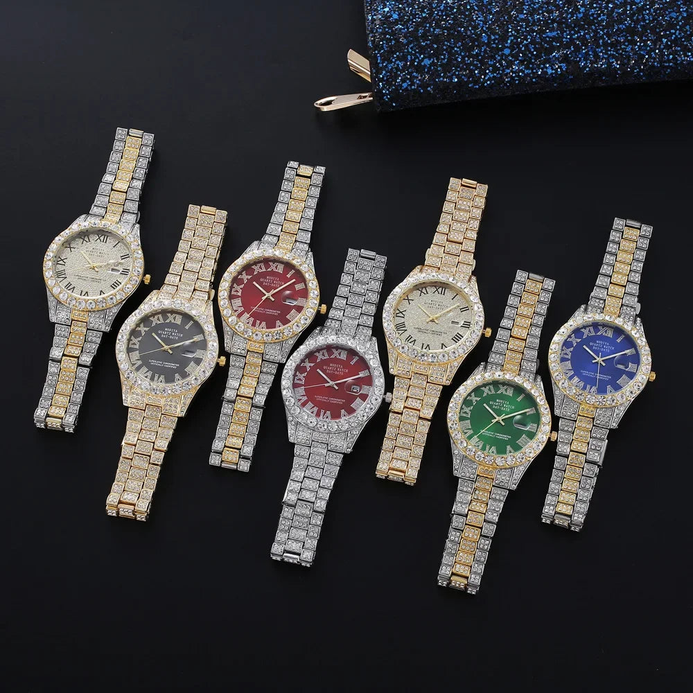 Luxury Men Watch Classic Golden Men Steel Strap Roman Rhinestone Calendar Quartz Watch Fashion Male Wristwatch Relogio Masculino