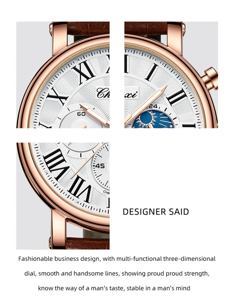 CHENXI 973 Men's Wristwatch Multi-functional Business Watch Moon Phase Date Waterproof Rome Dial Leather Quartz Watches for Man