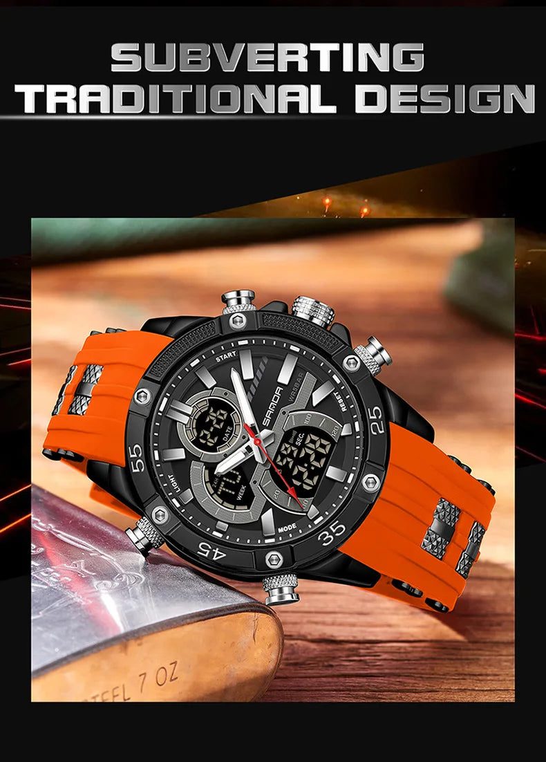 SANDA 6162 Men's Electronic Watch Creative Sports Waterproof Luminous Chronograph Pointer Digital Dual Display Wristwatches