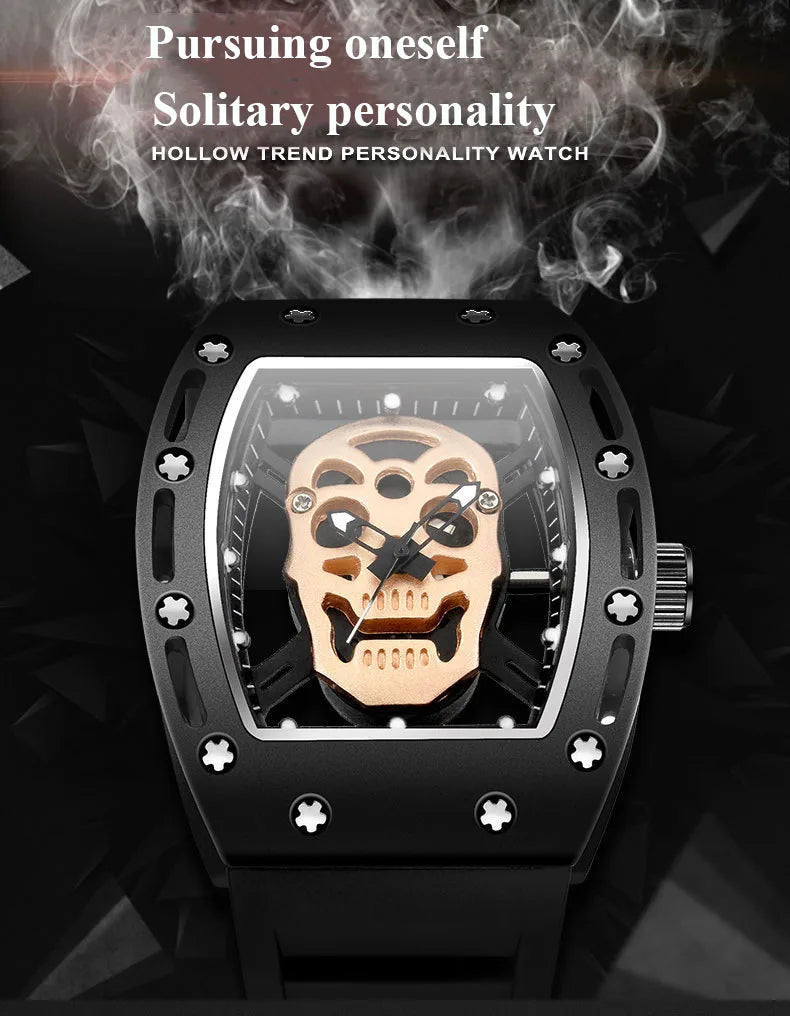 UTHAI Men Watch Fashion Trend For Skeleton Ghost Head Hollow Out Watch Wine Bucket Wristwatch Silicone Male Quartz Clock Watches