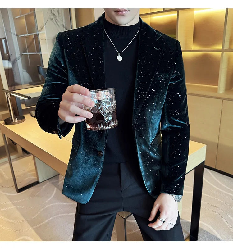2024 Autumn New Velvet Jacket Men's Blazer Business Fashion Hot Stamping Printed Suit Jacket High-quality Luxury Dress Suit