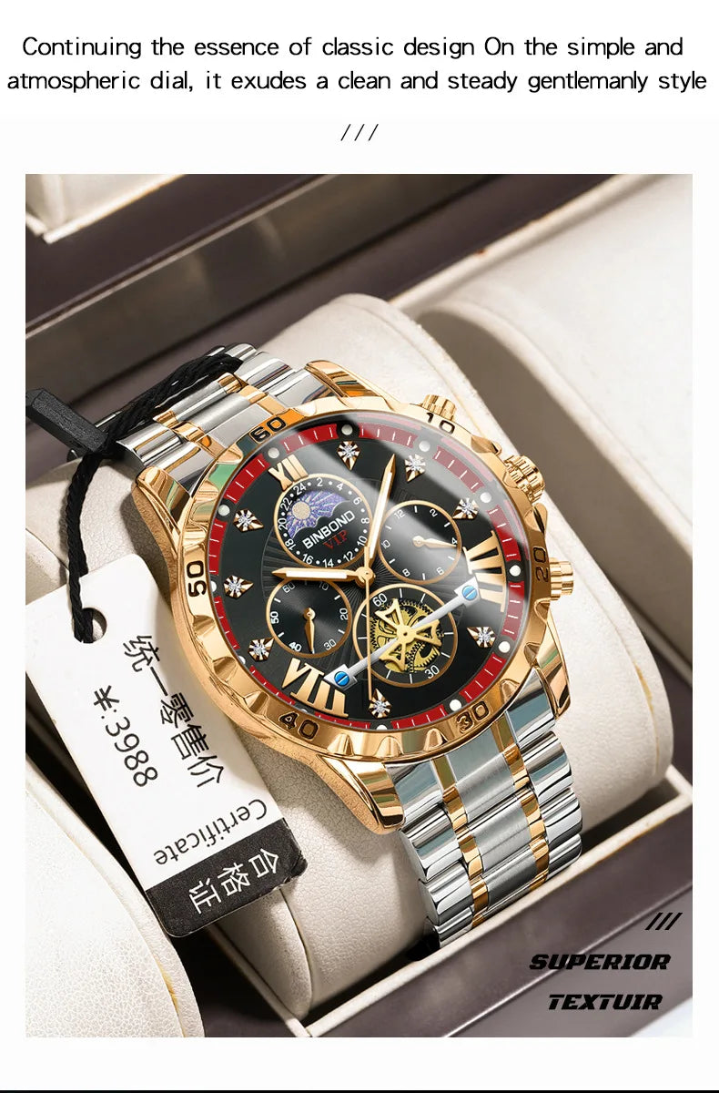BINBOND Men's Watches Young Fashion Original Quartz Watch for Man Waterproof Luminous Flywheel Chronograph Moon Phase Casual