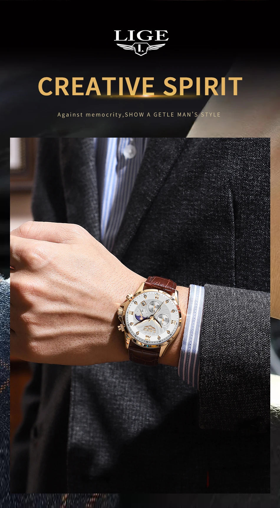LIGE Men's Watch Luxury Business Luminous Waterproof Leather Watches Moon Phase Week Date Casual Quartz Watch Men Reloj hombre