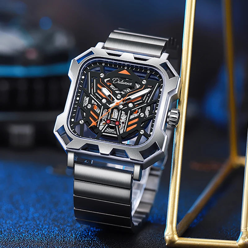 Square Skeleton Dial Mens Watches Top Brand Luxury Luminous Sports Automatic Mechanical Watch Waterproof Steel Reloj Hombre