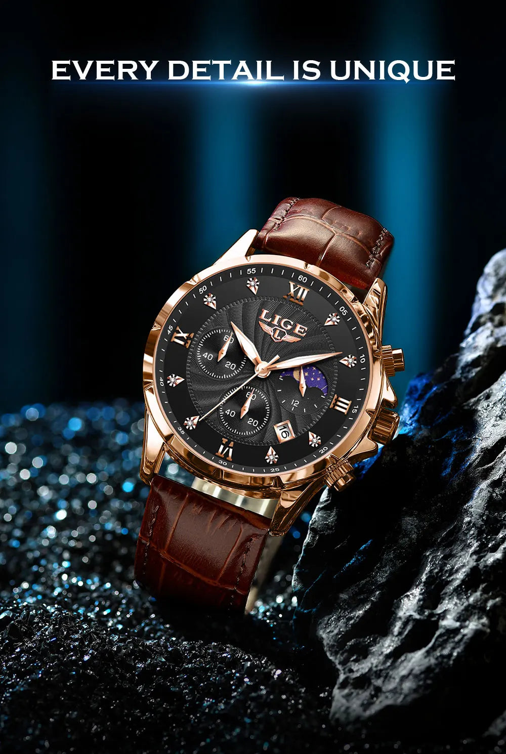 LIGE Men's Watch Luxury Business Luminous Waterproof Leather Watches Moon Phase Week Date Casual Quartz Watch Men Reloj hombre