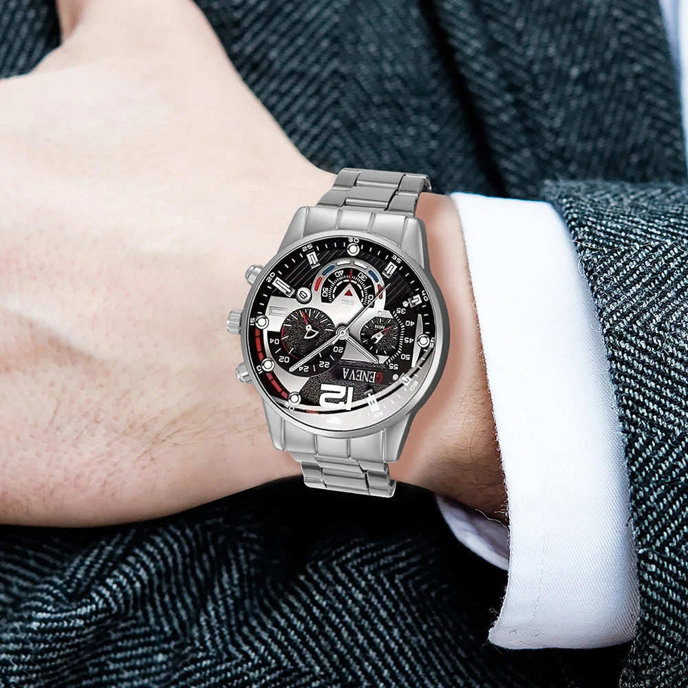 3PCS/SET Men's Calendar Quartz Watch Business Fashion Alloy Watch Set Necklace and Bracelet Set Ideal Choice for Gifts