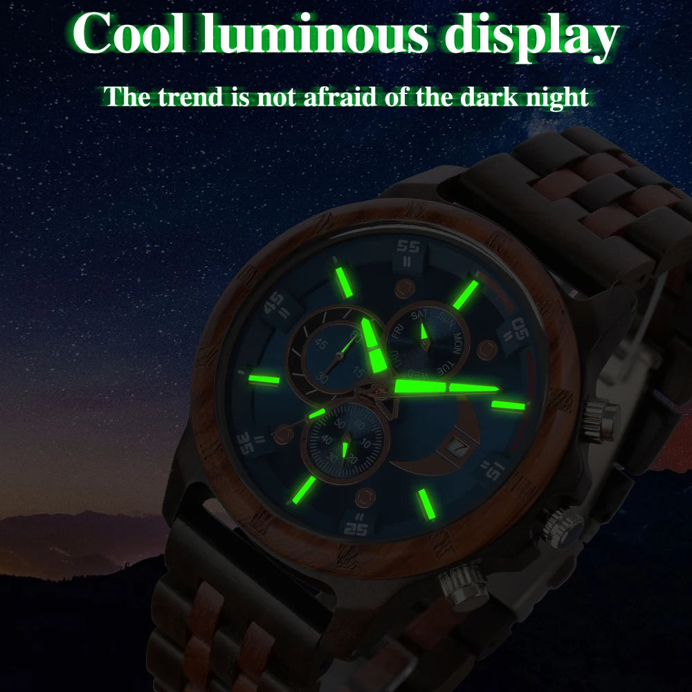 Men's Wooden Wrist Watches for Men Chronograph Fashion Wristwatches Business Blue Wood Mens Watches Clock reloj madera hombre