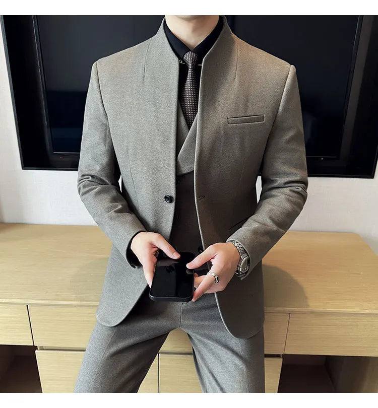 Korean Style Men's Suit Set Slim Fit Business Suit Wool Blazer Three Piece Set Elegant Social Formal Men's Clothing 5XL-M