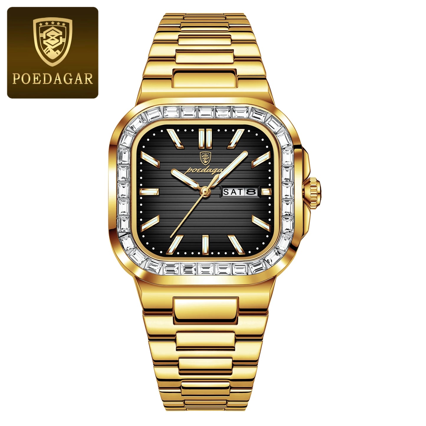 POEDAGAR Top Brand Luxury Watch for Men Waterproof Luminous Date Week Man Wristwatch Stainless Steel Square Quartz Men's Watches