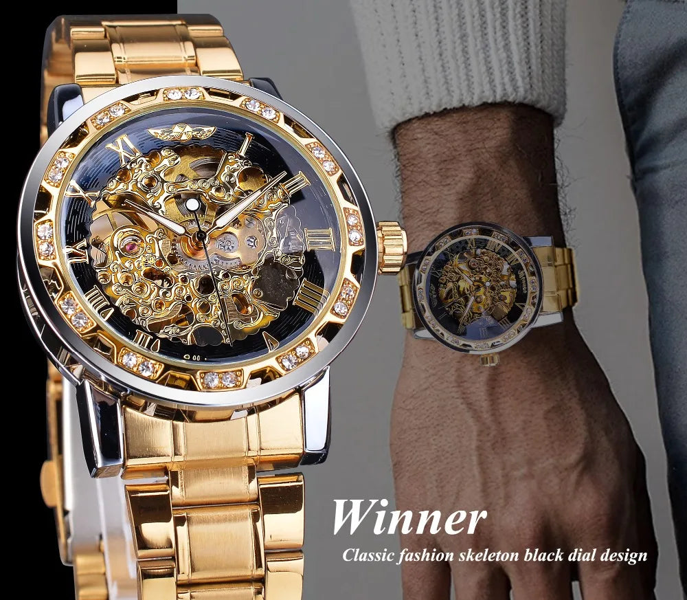 Fashion Winner Hot Top Brand Luxury Men Transparent Diamond Luminou Smovement Male Mechanical Skeleton Royal Design Wrist Watch